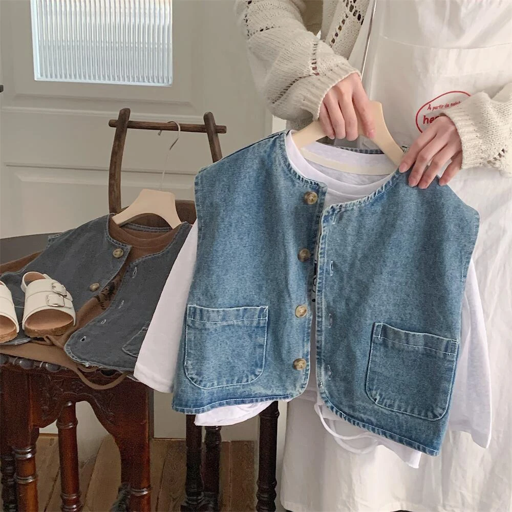 2024 Spring New Kids solid color denim waistcoats Boys and girls vintage all-match outerwear Tops Vest - Image 6
