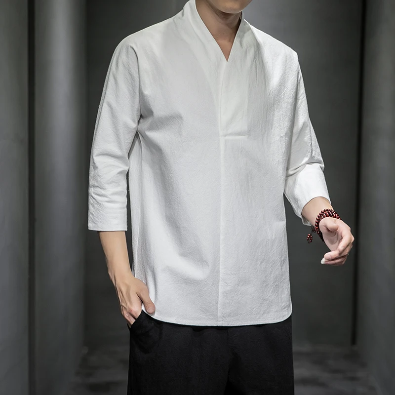 Shirts Men Solid Pullover V Neck Three Quarter Mens Kimono Shirts Traditional Streetwear Blouse Chinese Style Linen Shirts Man - Image 5