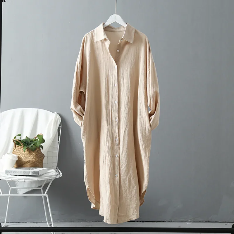 2024 Spring Casual Women's Blouses Korean Clothing Autumn Vintage Linen Cotton Mid-Length White Shirt Dress For Female Chic Tops - Image 5