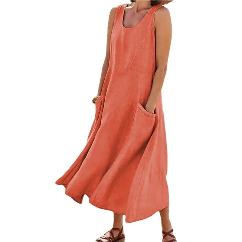 Vintage Sleeveless Tank Dress Women Elegant Round Neck Solid Cotton Linen Vestidos Summer Casual Loose Pockets Long Dresses - Image 4