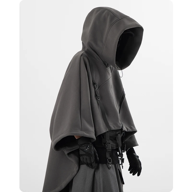 Autumn Irregular Functional Hoodie Zipper Cape Coat Pullover Men's Clothing Harajuku Hooded Sweatshirt High Street Streetwear - Image 3