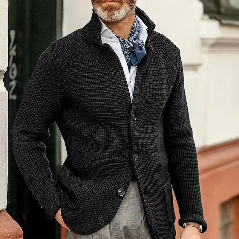 Men's Thicken Knitted Cardigan Sweater Autumn Winter Solid Color Fashion Slim Long-sleeved Stand-up Collar Knitting Jacket Coat - Image 3