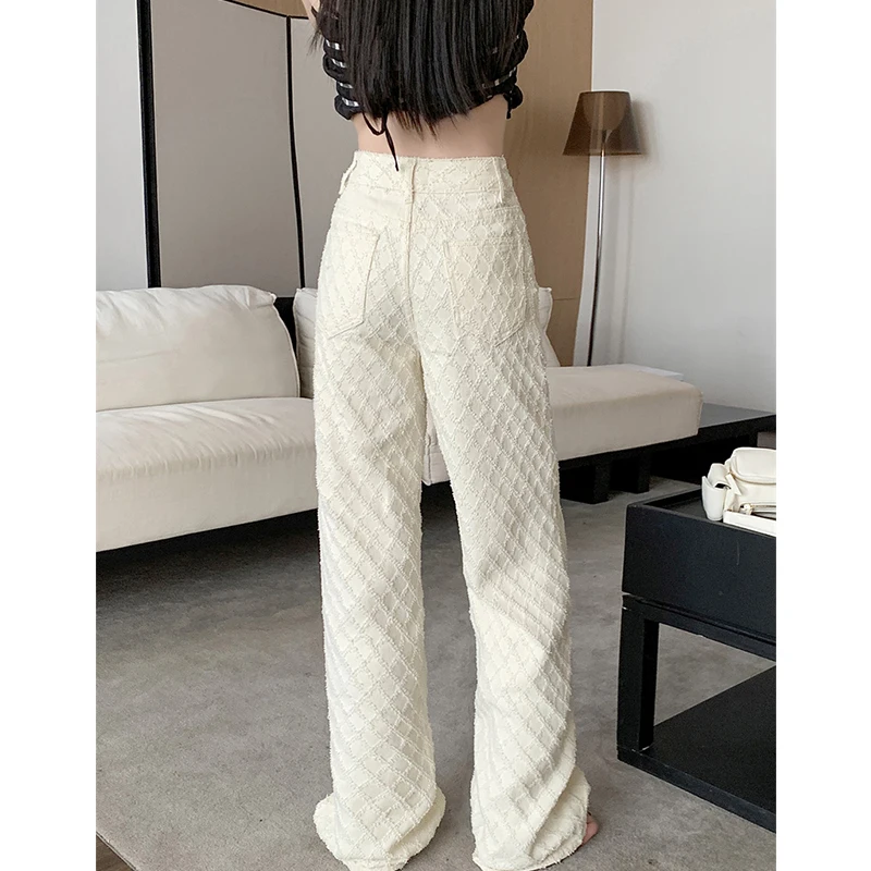 White High Waisted Diamond Checkered Floral Jeans for Women 2024 Spring New Jacquard Design Wide Leg Pants - Image 2