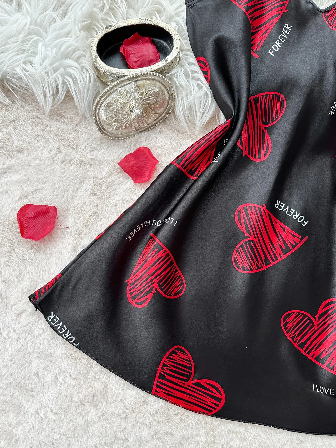 Valentine's Day Red Lip Print Satin Slip Nightdress Women's Pajamas V Neck Backless Mini Sleep Dress Women's Sleepwear Dresses - Image 6
