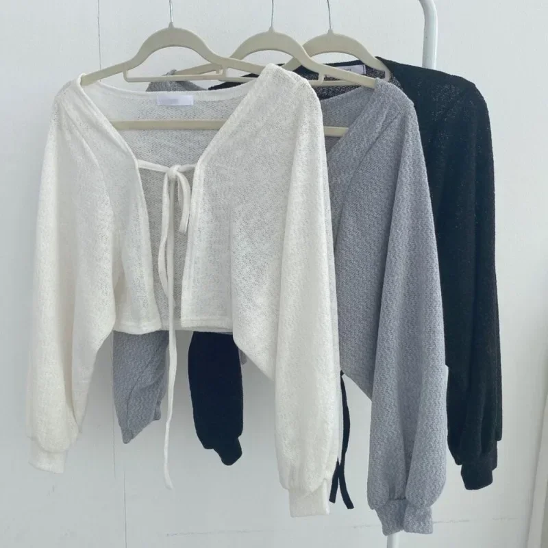 Thin White Cardigan Women Summer Sunscreen Lace-up Knitwear Tops Lady Korean Style Casual Lantern Sleeve Short Sun Protected Top - Image 5
