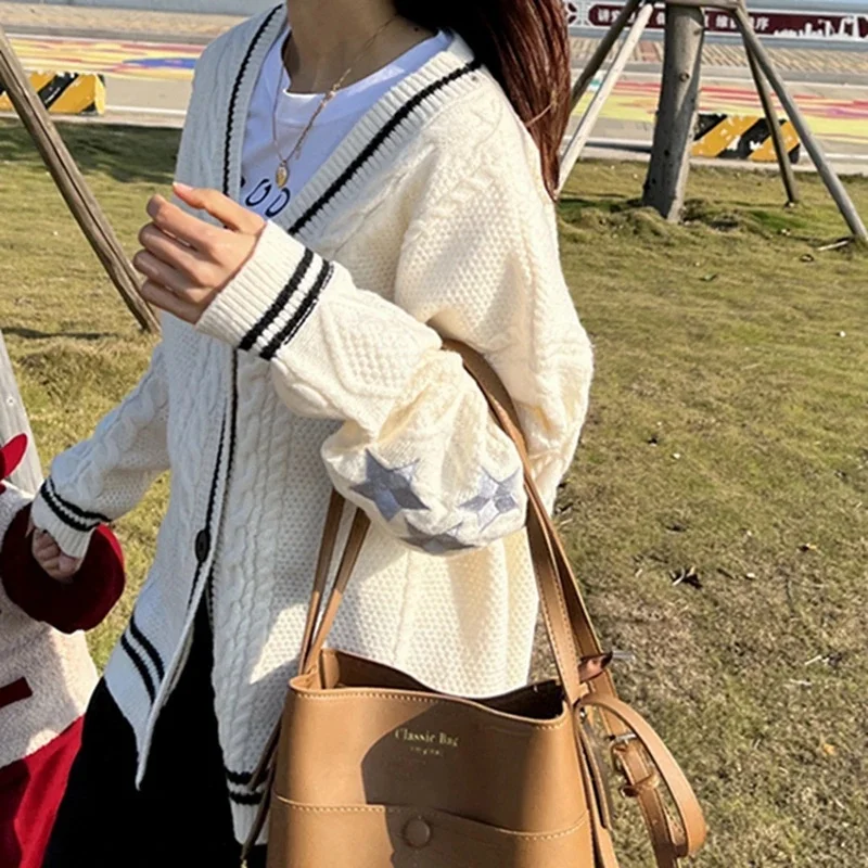 2024 Winter Loose Knitted Cardigans Coat Star Embroidery Y2K Women Sweaters Streetwear Vintage Casual Single Long Sleeve Top - Image 5