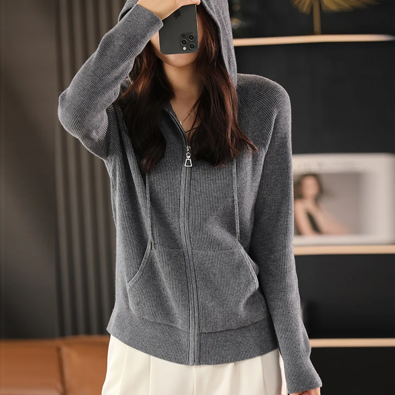 Women Autumn Winter Wool Blend Sweater Hooded Collar Thicken Knitted Zipper Cardigan With Pocket Basis Top Female Coat - Image 6