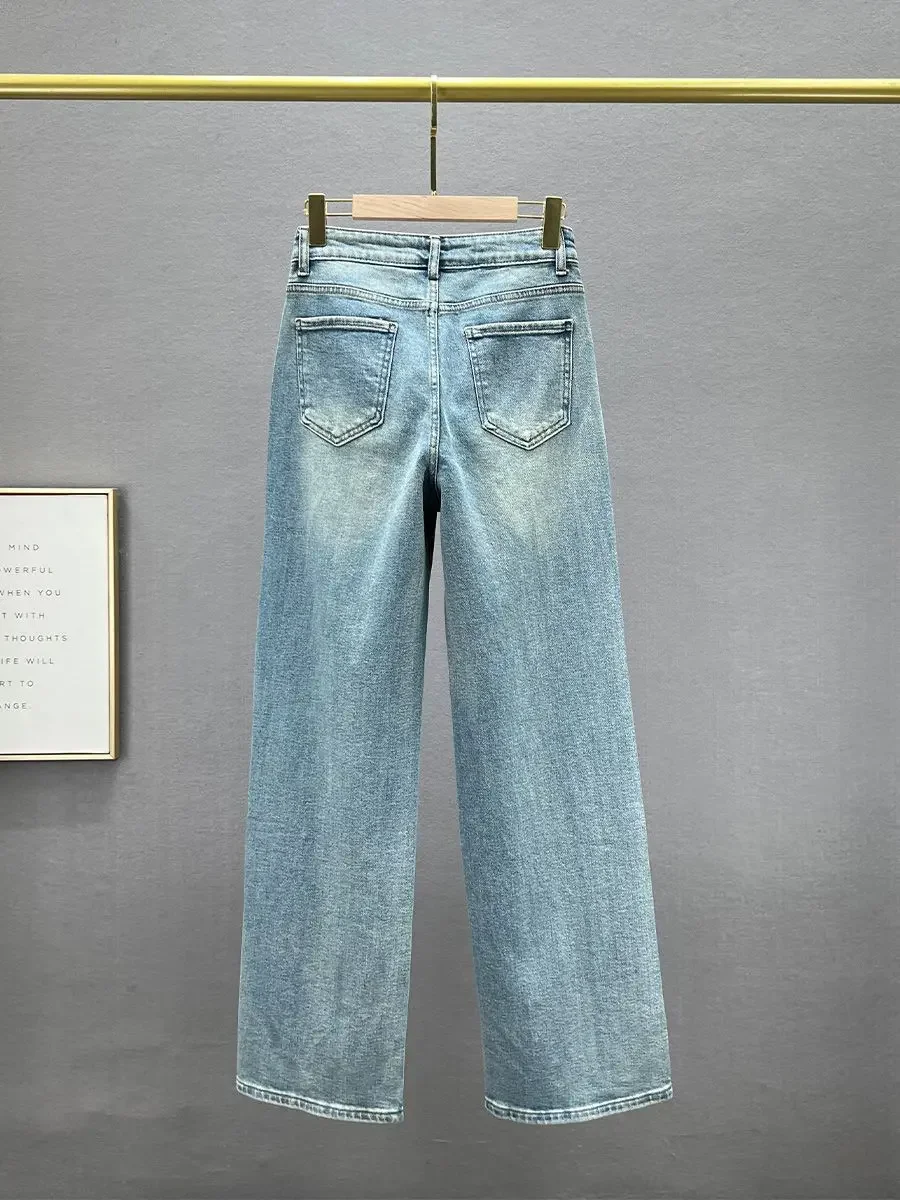 Rhinestone XINGX Pendant Design High Waist Wash Jeans Women's Summer Loose Slimming and All-Matching Straight-Leg Pants - Image 5