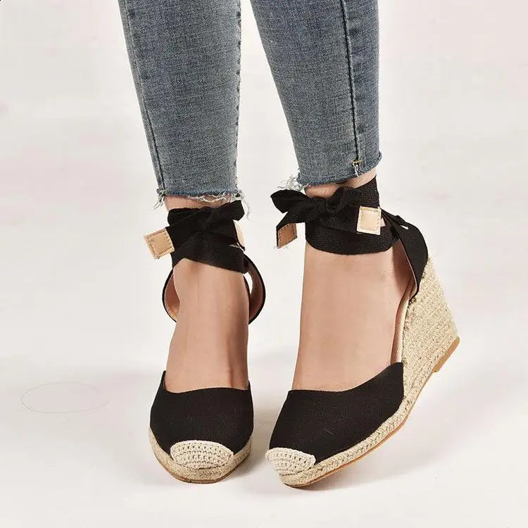 Black Platform Sandals Clogs Wedge Straw Shoes Women Summer Heels Large Size Suit Female Beige Espadrilles Handmade Girls 2024 C - Image 5