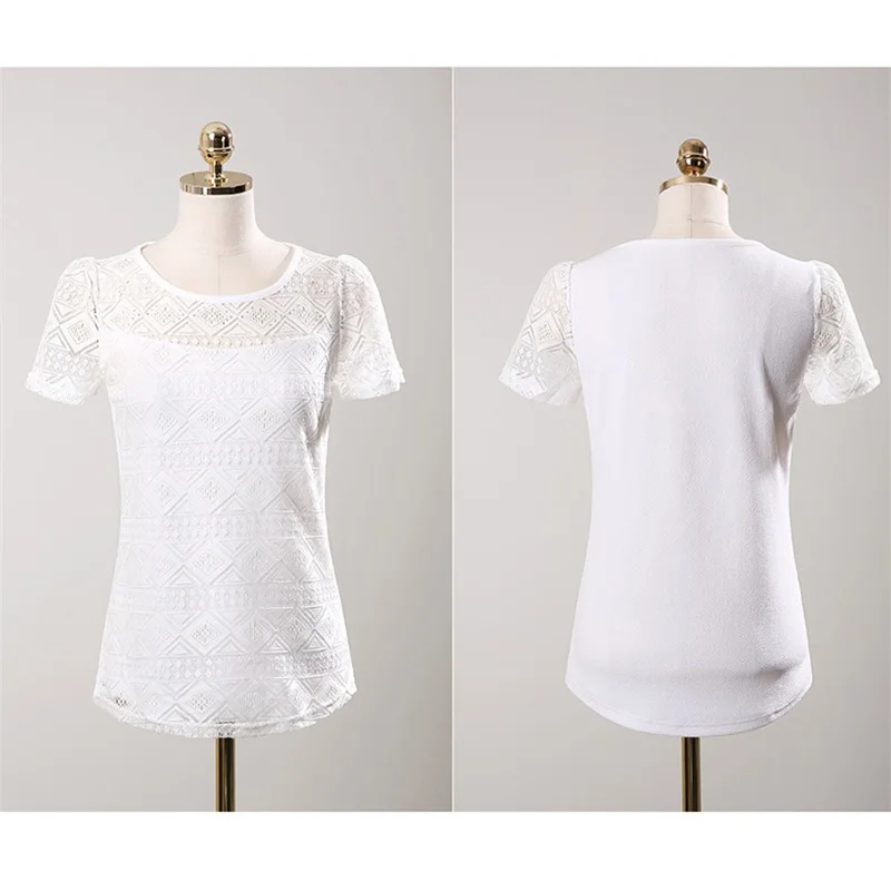 Women Summer Chiffon Blouse Lace Crochet Female Korean Shirts Ladies Blusas Tops Shirt White Blouses Slim Fit Tops 2024 New - Image 3
