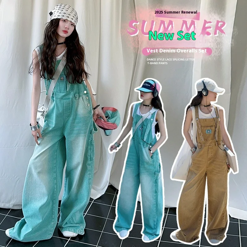 Denim Overalls for Girls Loose Slimming Casual Wide-Leg Jumpsuit 2025 Summer Kids Jeans Fashion Versatile Teen Children Pants - Image 2