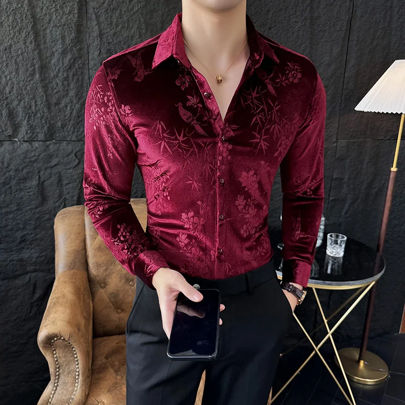 Luxury Velvet Velvet Shirt Men 2024 Spring Slim Casual Dress Shirts Social PartyTuxedo Blouse Camisas Para Hombre Men Clothing - Image 3