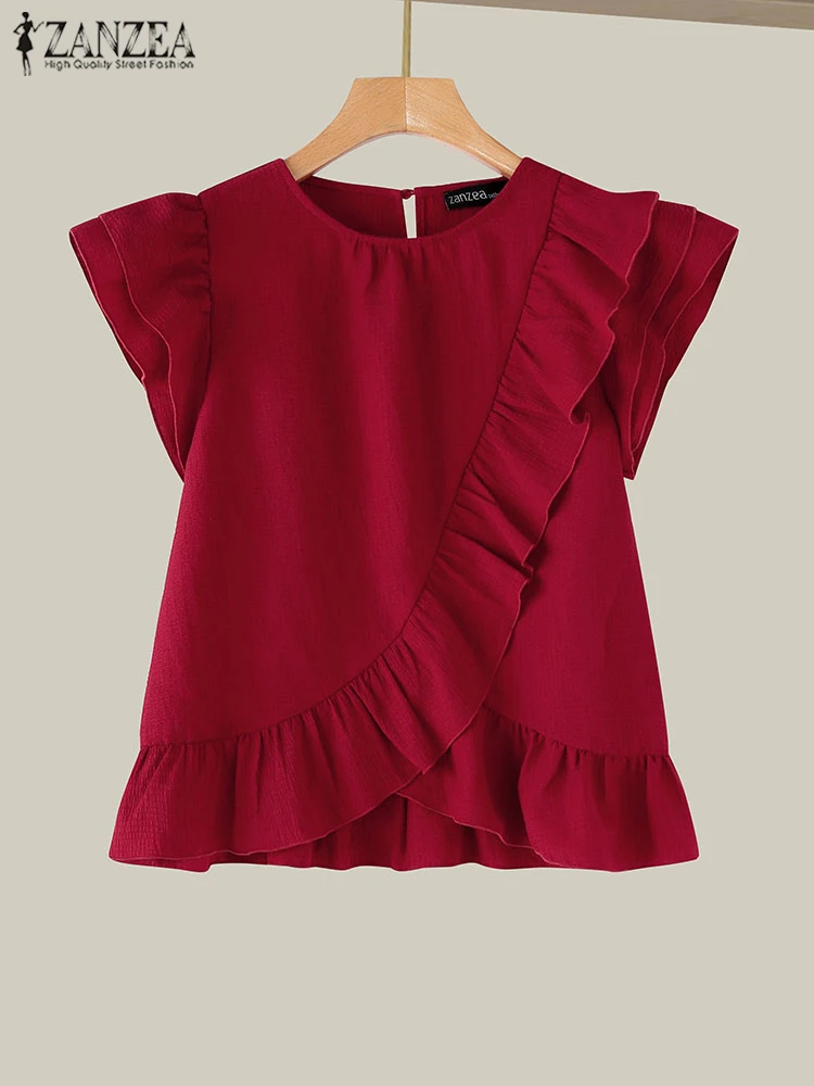 ZANZEA Women Chic Ruffle Blouse Vintage Short Sleeve Peplum Tops Holiday Summer Round Neck Tunic Casual Multilayer Pleated Shirt - Image 4