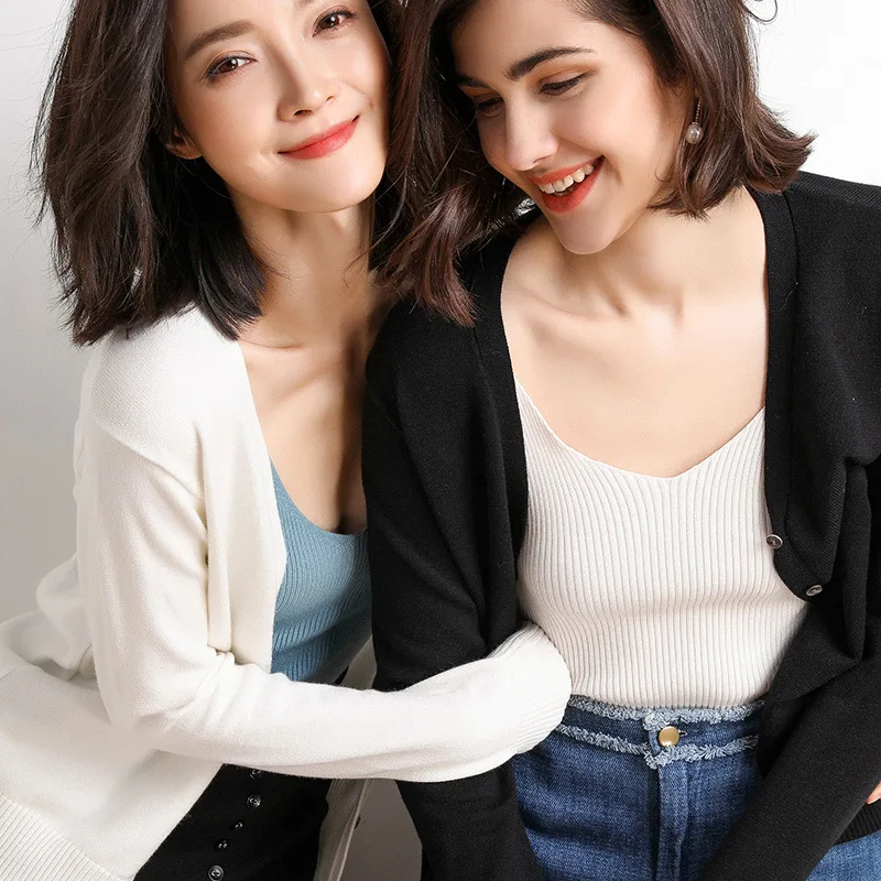 Cardigans Women 2022 Autumn Single Breasted V-neck Knitted Sweater Fashion Short Knitwear Solid Blue Green Pink Women's Jumpers - Image 3