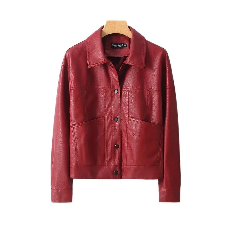 2023 New Female Motorcycle Leather Jacket Spring and Autumn Women's Leather Lapel Button Slim Korean Version of Women's Coat - Image 6