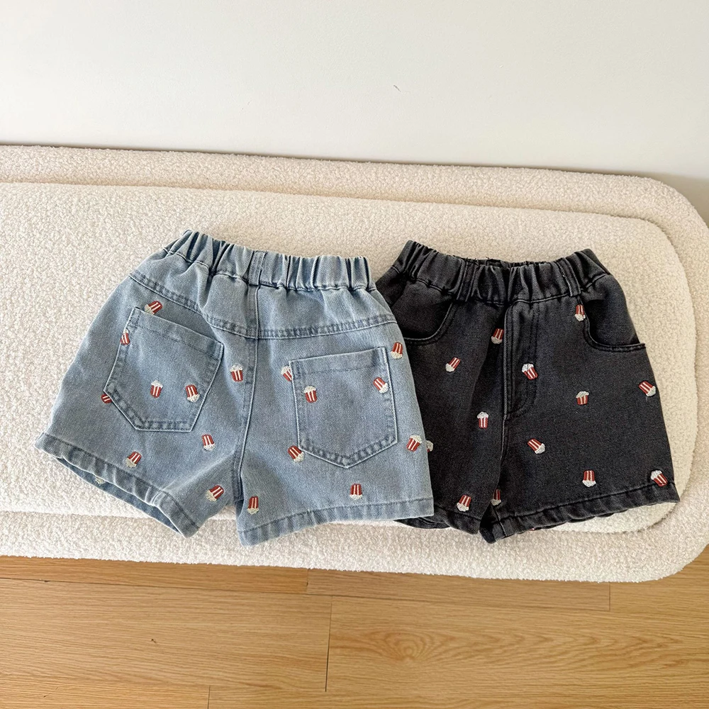 2025 Summer Kids Denim Shorts for Boys Girls Popcorn Embroidery Elastic Waist Casual Knee Length Pants - Image 3
