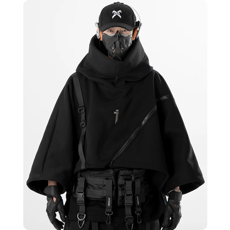 Autumn Irregular Functional Hoodie Zipper Cape Coat Pullover Men's Clothing Harajuku Hooded Sweatshirt High Street Streetwear - Image 5