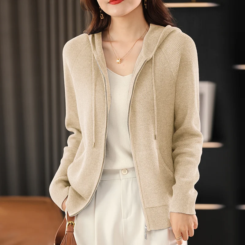 Women Autumn Winter Wool Blend Sweater Hooded Collar Thicken Knitted Zipper Cardigan With Pocket Basis Top Female Coat - Image 4