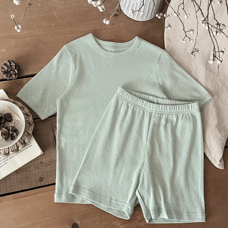 2025 A - Class Soft Cotton Solid Color Ribbed Home Pajamas Set for 0 - 4 Years Ins Style Breathable Boys Girl Home Wear Suit - Image 4