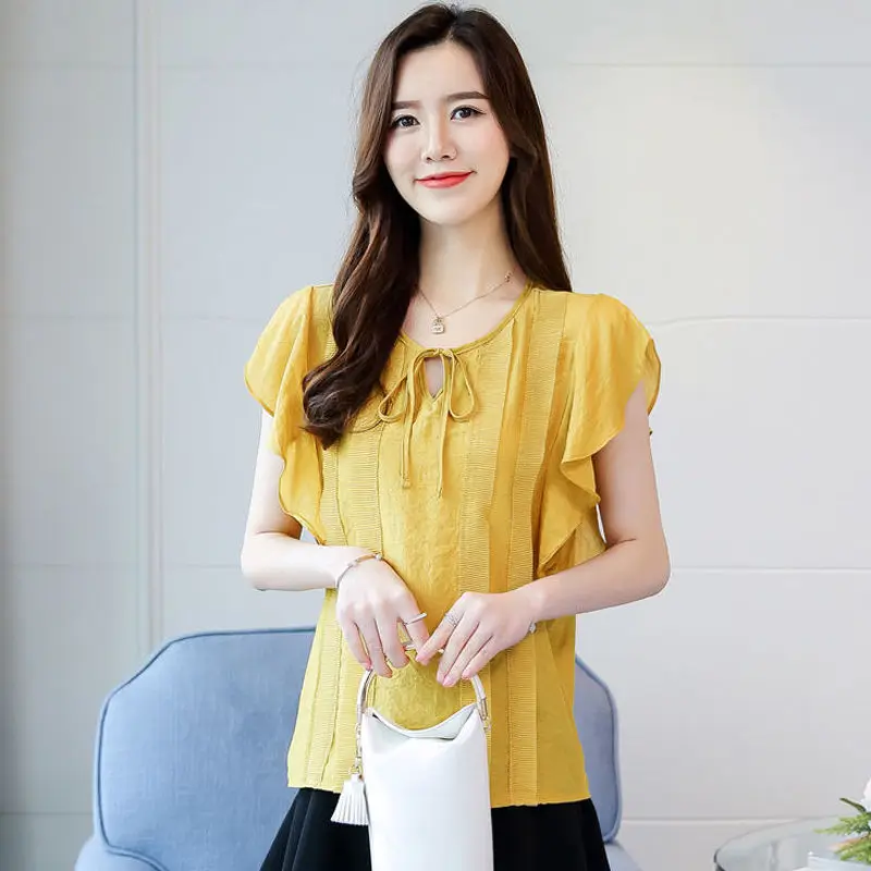 Female O-Neck Bow Lacing Hollow Out Solid Blouse Loose Oversize Flying Sleeve Patchwork Chiffon Shirt Women's Summer Clothing - Image 5