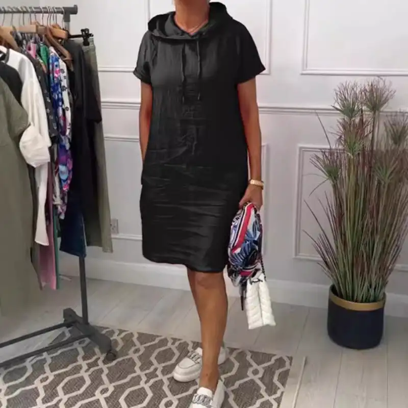 Women's Hooded Dress Pullover Sweatshirt Drawstring Loose Casual Short Sleeve Hoodie Dress - Image 2