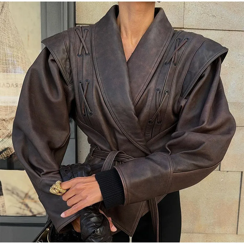 Suninheart Autumn and Winter Faux Leather Jackets for Women 2024 Chic Dropped Shoulder PU Jacket Coat Casual Office Lady Blouse - Image 2