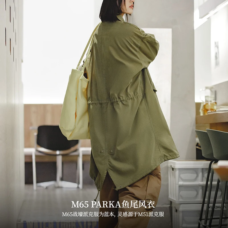 Maden M65 Green Parka Jacket for Women Mid-length Solid-color Coat Loose Fall and Winter Season Stand-up Collar Trench Jacket - Image 5