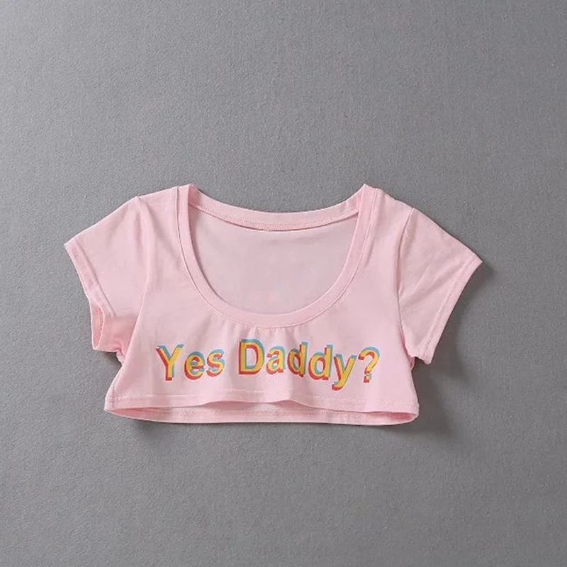 Women Letter Print Short Sleeve Yes Daddy Short Top Sleeve Crop Running T Shirt - Image 5