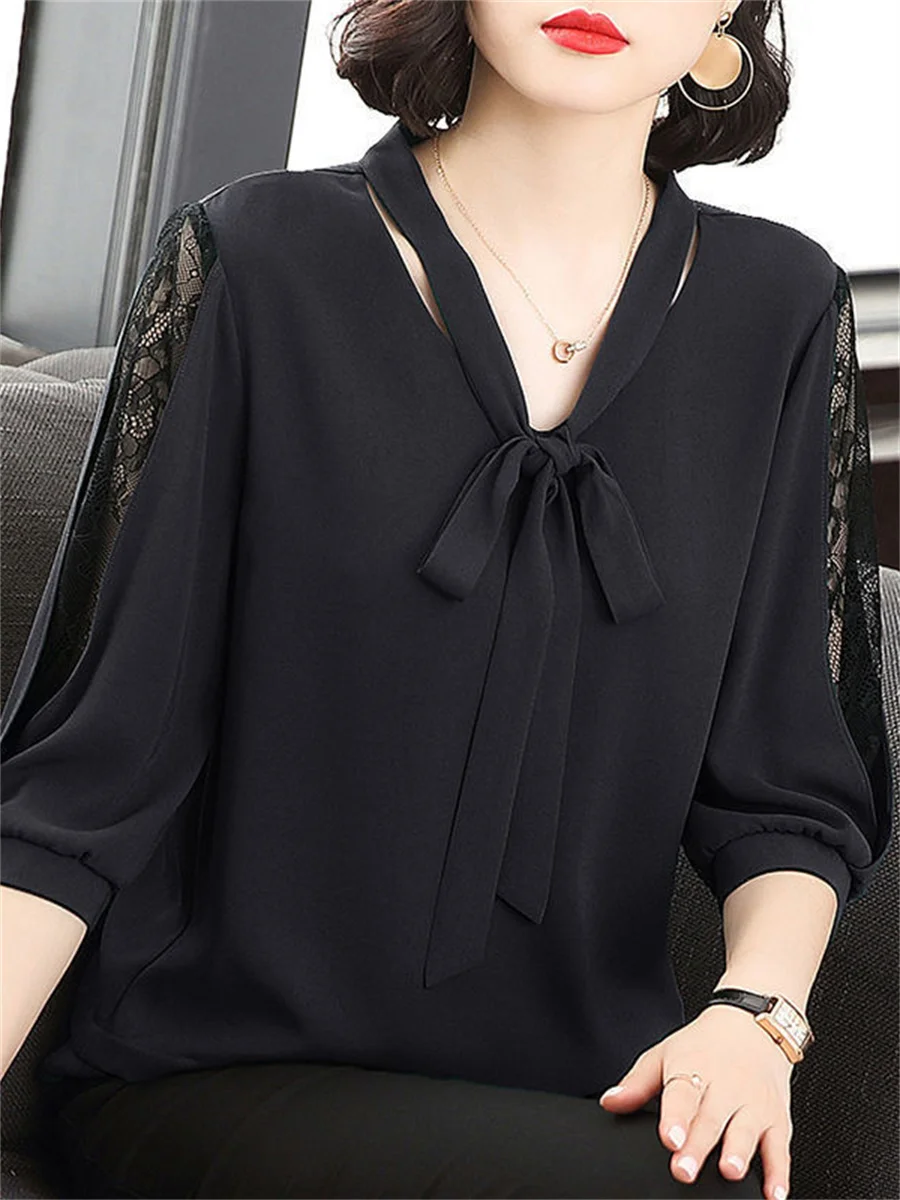 Women Spring Summer Style Blouses Tops Lady Casual Bow Tie Colloar Half Lace Sleeve Loose Blusas Tops DF4275 - Image 2
