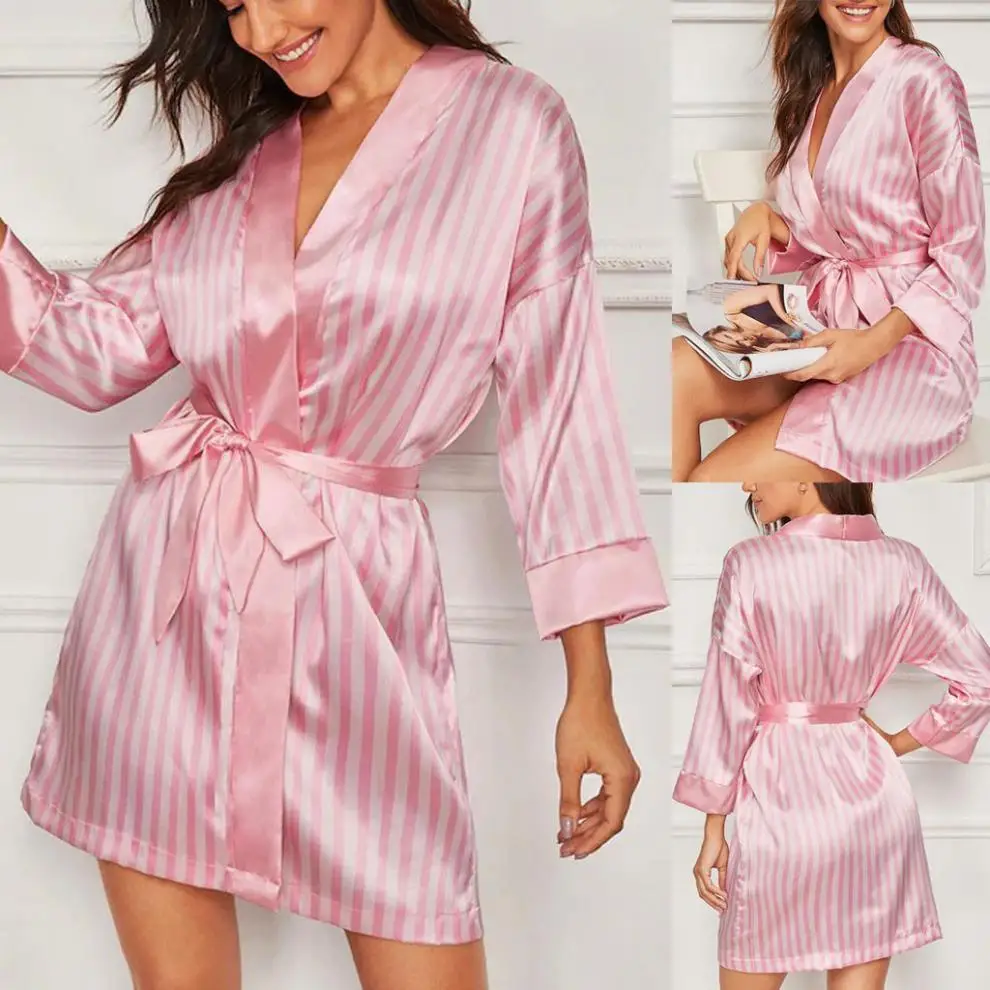 Women Nightgowns Silk Satin Robe Nightdress Female Striped SleepDress Sleepshirt Sleepwear Sleeveless Nightwear Homewear Pajama - Image 5