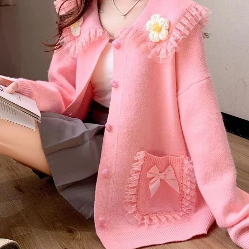 Sweet Peter Pan Collar Pockets Bow Lace Cardigan Sweaters Female Clothing 2024 Autumn Winter New Loose Knitted Young Style Tops - Image 5