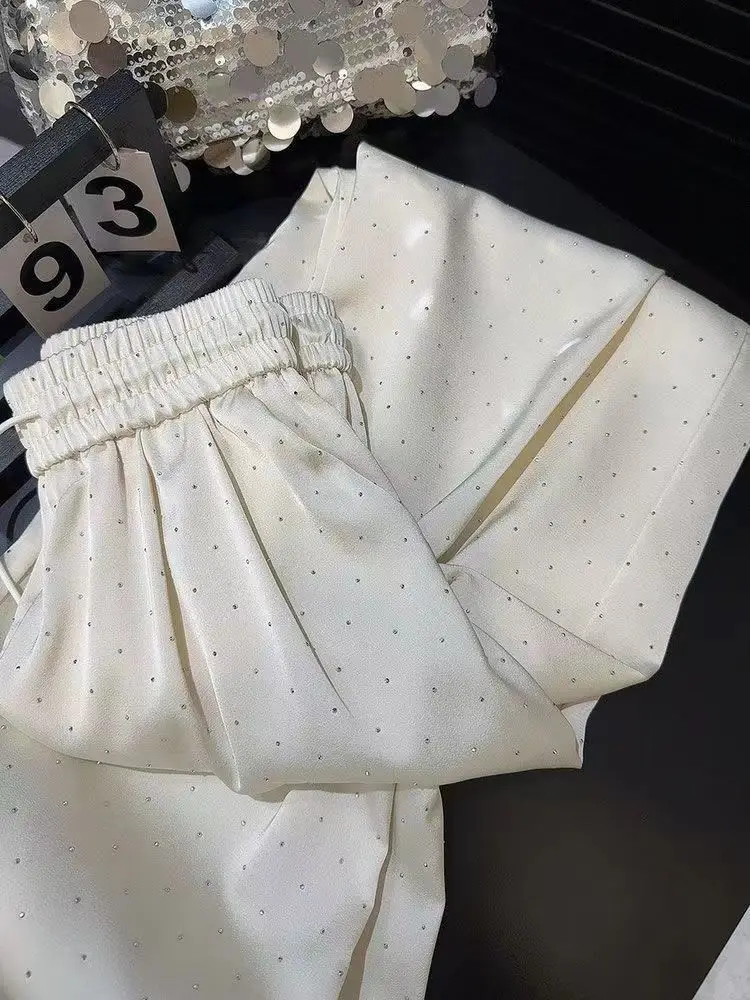 New Women High Waist Hot Diamonds Wide-legged Pants Summer Korean Chic Design Loose Straight-legged Pants Elastic Waist Trouser - Image 5