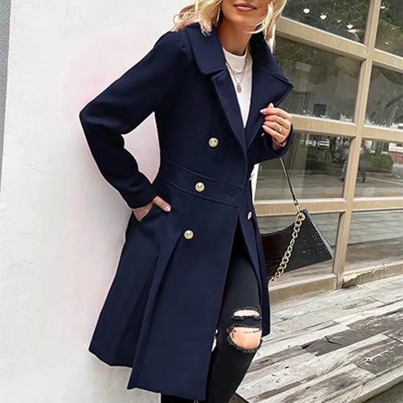 Women's Wool Trench Outerwears Winter with Skirt Hemline Double Breasted Flip Lapel Lined Women's Jacket Warm Streetwears - Image 5