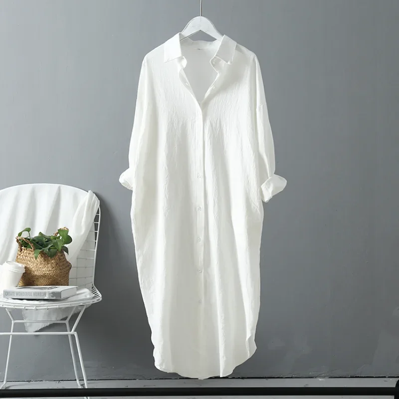 2024 Spring Casual Women's Blouses Korean Clothing Autumn Vintage Linen Cotton Mid-Length White Shirt Dress For Female Chic Tops - Image 6