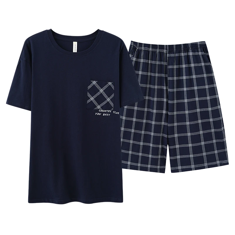 Men Pajamas Short Sleeve Shorts Cotton Plaid O-neck Sleepwear Men Summer Home Clothes Big Yards L-4XL Young Male Homewear Set - Image 2