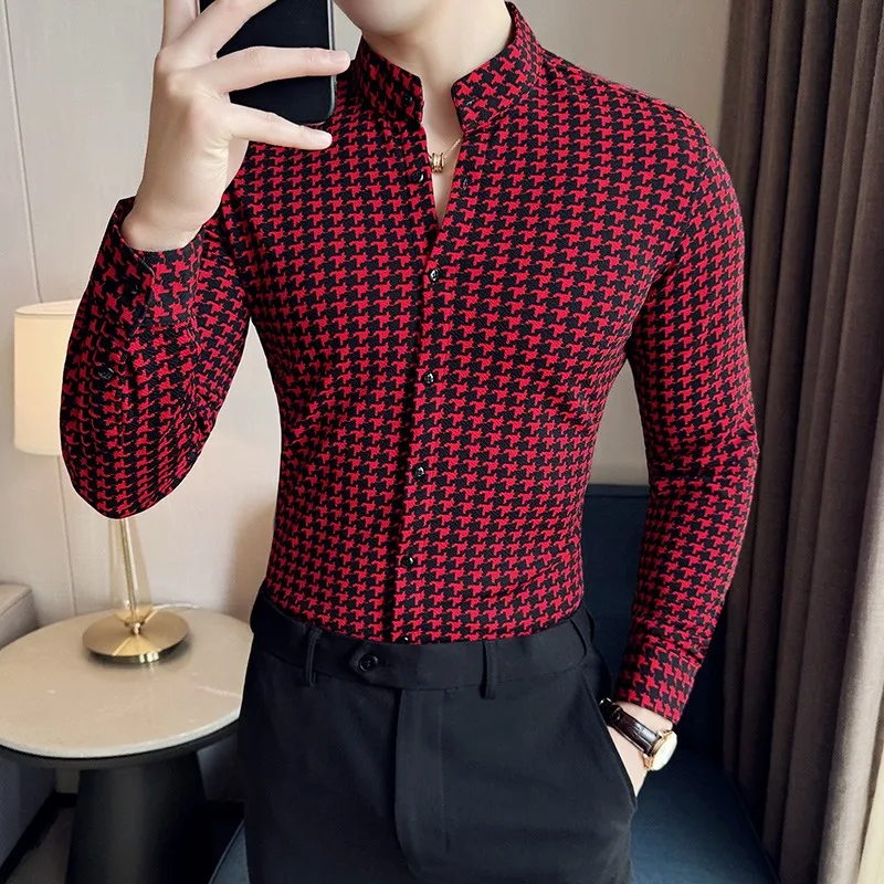 High-quality Houndstooth Shirts for Men 2024 Spring High Elasticity Slim Casual Shirt Brand Men Clothing Social Party Streetwear - Image 2