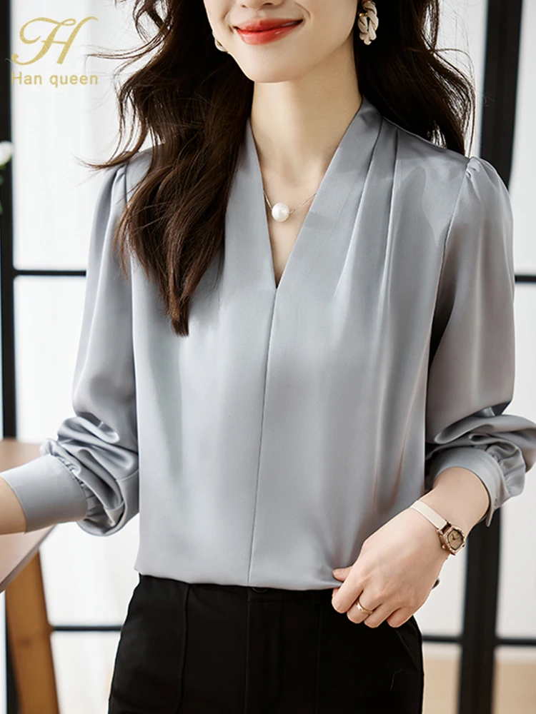 H Han Queen Korean Basic Shirts Woman Vintage Clothing Chiffon Long Sleeve Top Casual Female Work Wear Office Shirts And Blouses - Image 2
