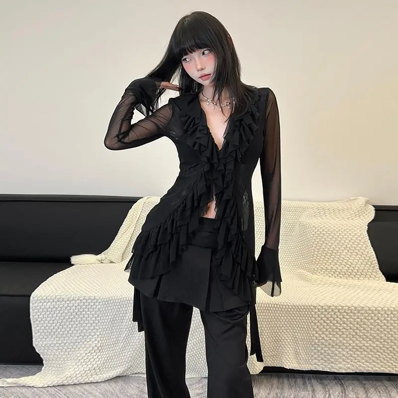 Korean Blouse Women's Clothing V-neck Long Sleeve Tunic Shirts Camisas De Mujer Heavy Ruffles Spring Summer Gauze Blouses Tops - Image 3