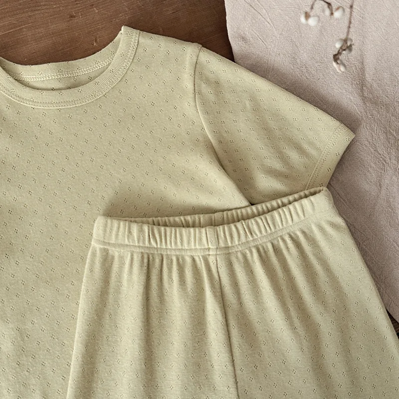 2025 A - Class Soft Cotton Solid Color Ribbed Home Pajamas Set for 0 - 4 Years Ins Style Breathable Boys Girl Home Wear Suit - Image 6