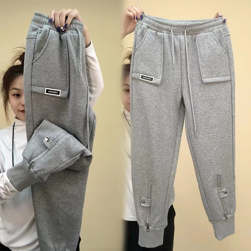 Autumn Winter Women Pants Add Velvet Pants Elastic Waist Zipper Guard Harem Pants Casual Sports Trousers Female Harem Pants - Image 4