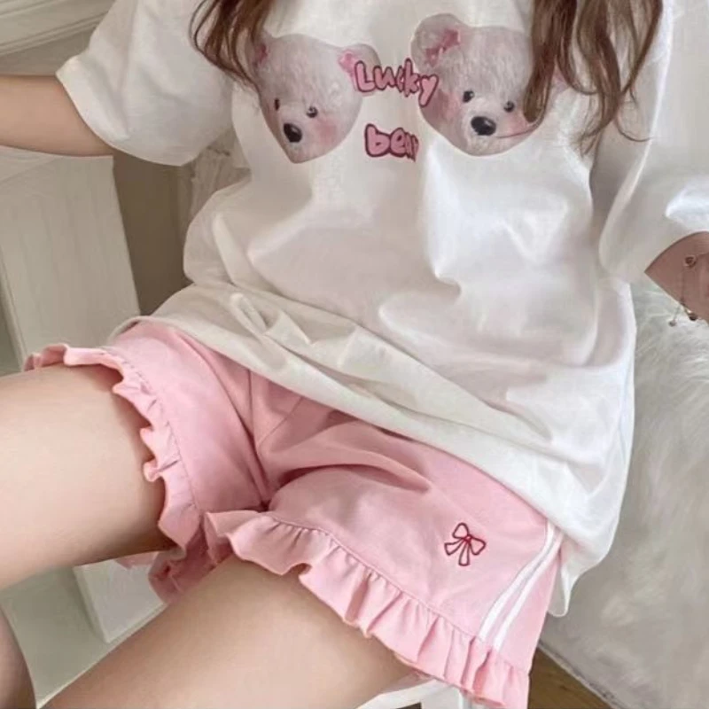 Sporty Shorts Women Ruffles Kawaii Bows Japanese Style Casual Loose Soft High Waist Summer Students Simple Fashion Popular Chic - Image 5