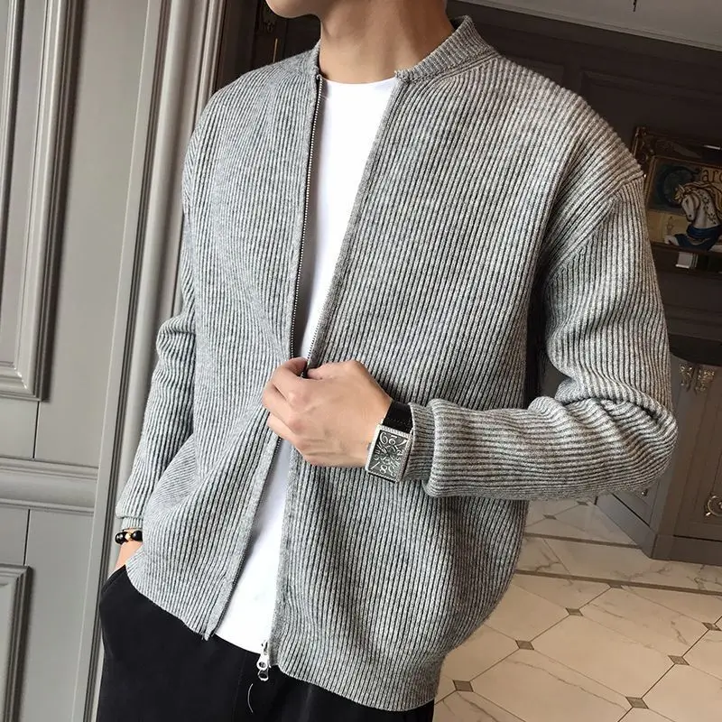 2023 New Spring and Autumn Korean Edition Trend Stand Collar Solid Color Pit Stripe Slim Fitting High-end Men's Sweater Cardigan - Image 4