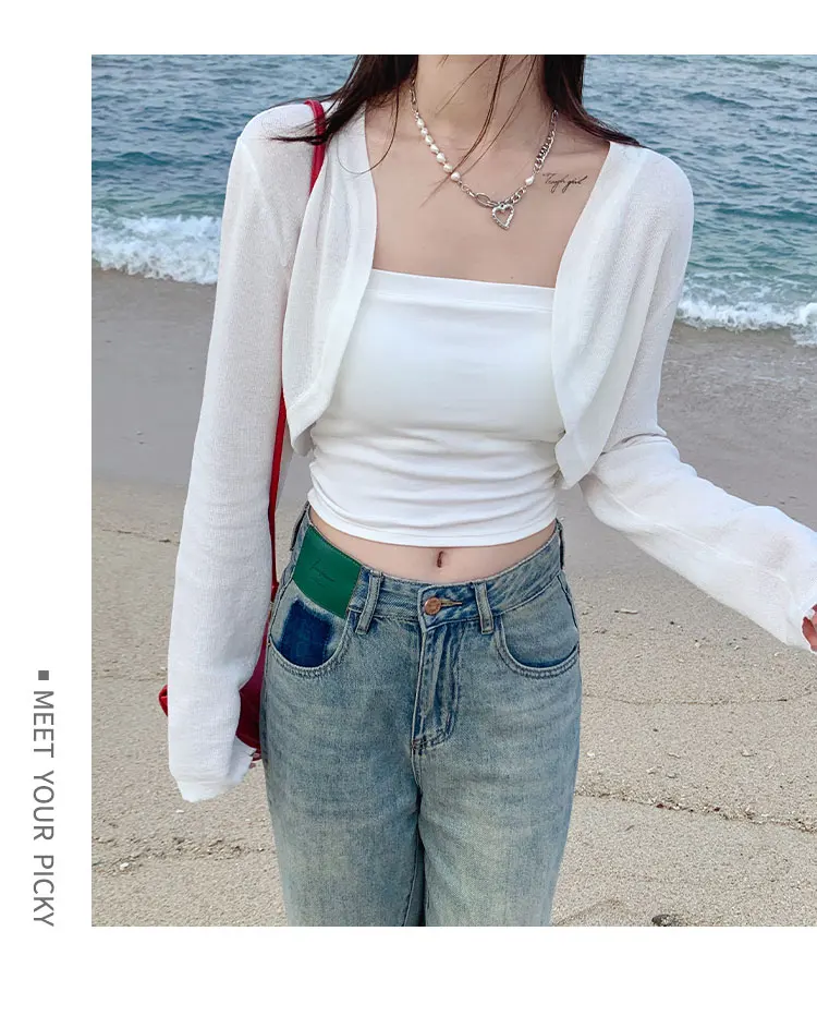Short Ice Silk Knitted Sun Protection Cardigan Women's Thin Summer Suspender Skirt Layered Gauze Jacket Air-conditioned Cover Up - Image 5