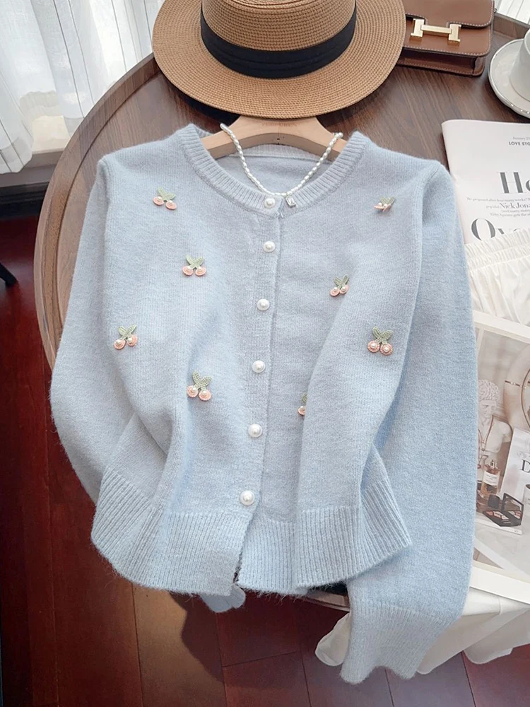 Zoki Print Sweet Pearls Cardigan Sweaters Women Fashion O Neck Knitted Coat Elegant Cute Long Sleeve Female Fall All Match Tops - Image 5