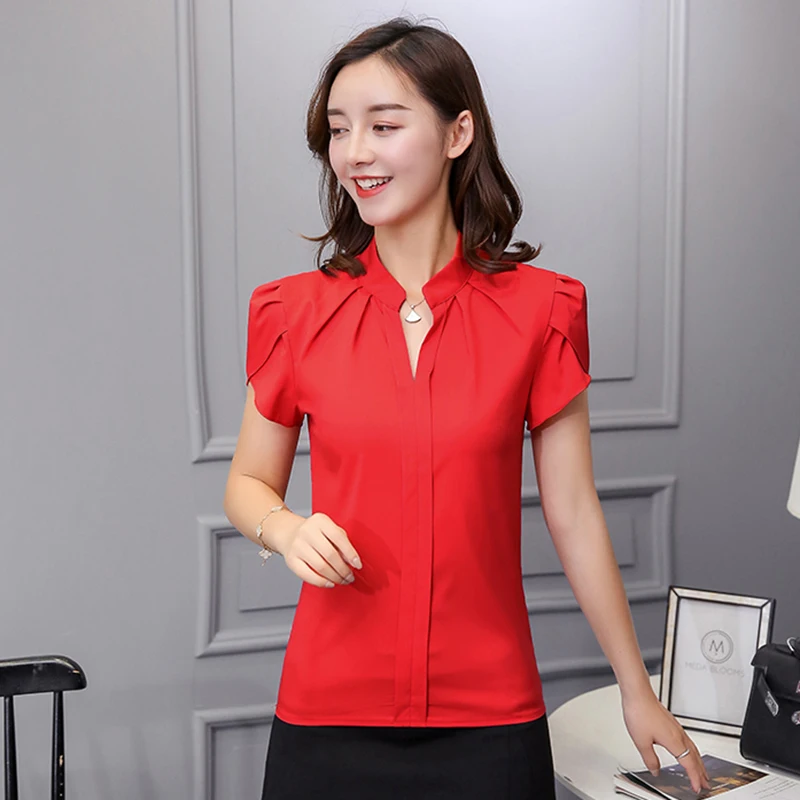 Women Chiffon Shirt Korean Elegant Slim Folds Short Sleeve Women Blouse New Casual Office Stand Collar All Match Ladies Tops - Image 6