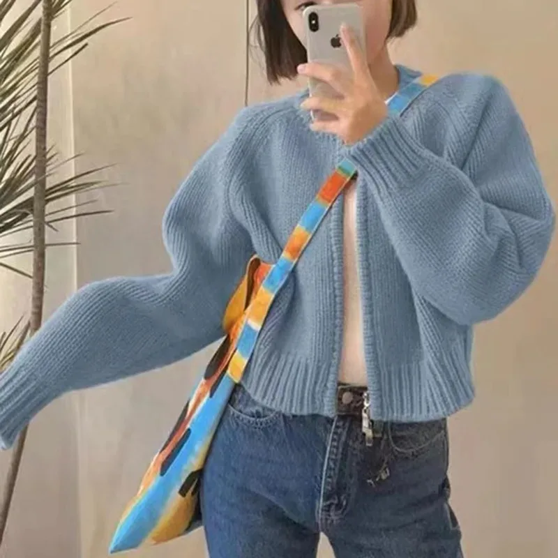 Korean Women Knitted Sweater Autumn Winter Chic Loose Long Sleeve Cardigan Tops Simple Solid Color Sweater Jacket - Image 4