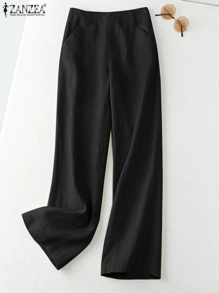 ZANZEA 2025 Spring Summer Fashion Women Pants Cotton Linen Long Trousers Wide Leg Plain Holiday Casual Pants Streetwear Bottoms - Image 4
