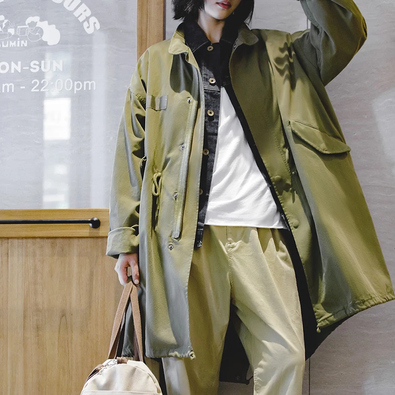 Maden M65 Green Parka Jacket for Women Mid-length Solid-color Coat Loose Fall and Winter Season Stand-up Collar Trench Jacket - Image 2