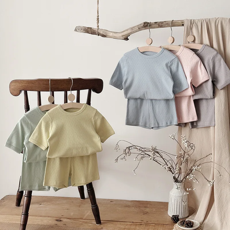 2025 A - Class Soft Cotton Solid Color Ribbed Home Pajamas Set for 0 - 4 Years Ins Style Breathable Boys Girl Home Wear Suit - Image 2