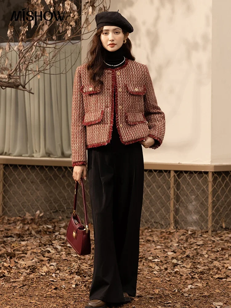 MISHOW Down Wool Coats 2025 Winter Clothes Women Chic Short Plaid Outerwear Temperament Warm Female O Neck Jackets MXB48W0888 - Image 5